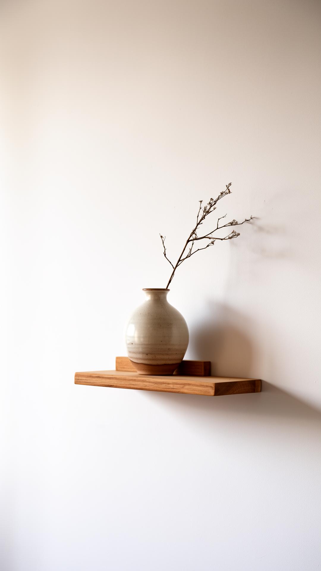 Hand-thrown ceramic vase on a small oak shelf