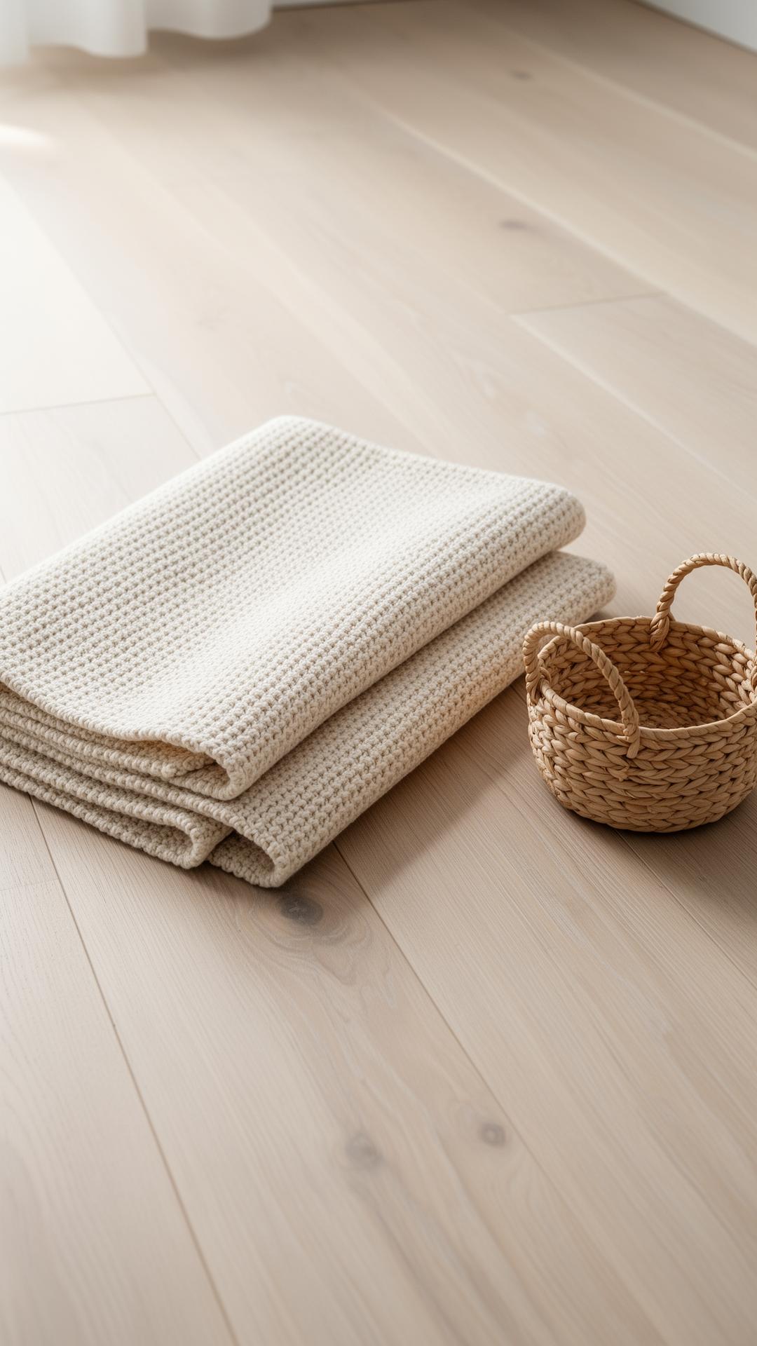 Folded textured throw and a woven basket on a pale oak floor